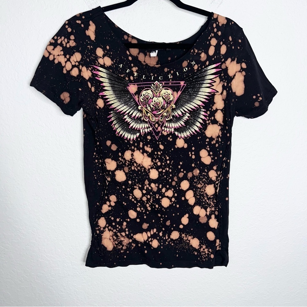 Affliction Shirt Top Women’s Medium Distressed Tee Bleached Rhinestones Y2K B9